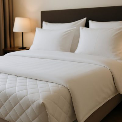 Opgemaakt bed met witte lakens en sierkussens in een sfeervolle hotelkamer