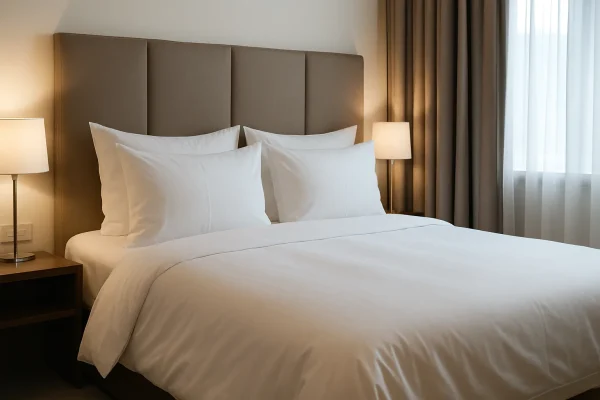Een luxe hotelkamer met wit dekbedovertrek, beige hoofdbord en sfeervolle verlichting aan weerszijden
