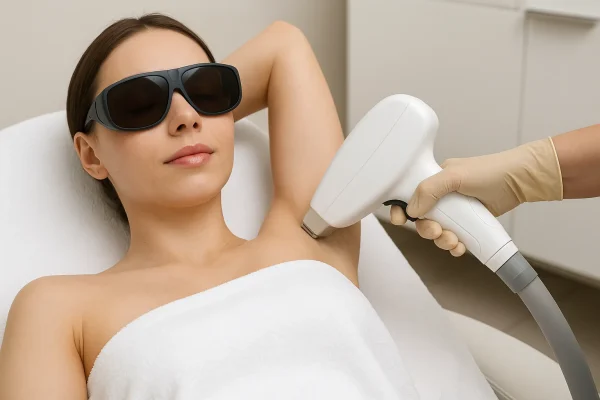 Vrouw ontvangt laserontharing van de oksel door specialist in een kliniekruimte, met beschermende bril