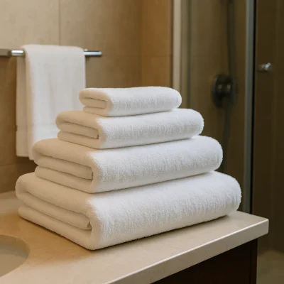 Vier witte hotelhanddoeken in verschillende maten liggen opgestapeld op een beige marmeren wastafel in een moderne badkamer