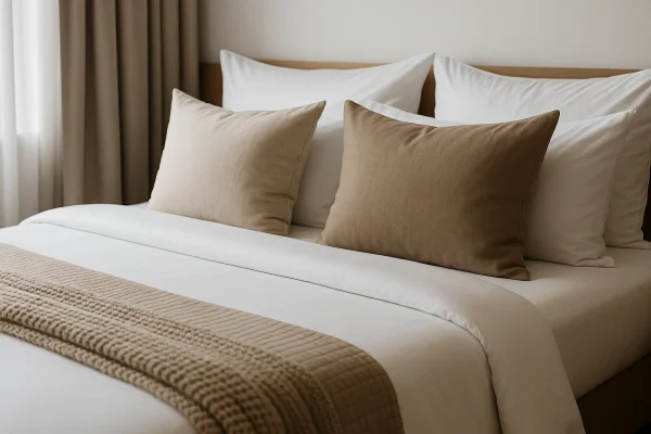 Hotelbed met fris wit hotel linnen en duurzame accenten opgemaakt in natuurlijke tinten