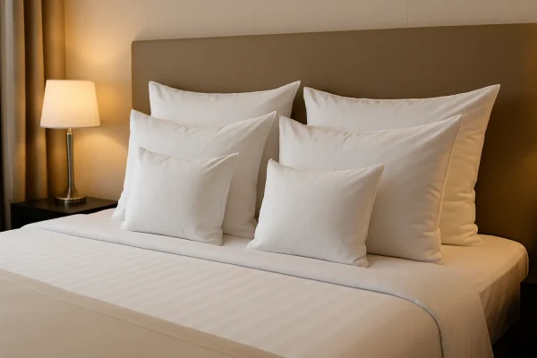 Een hotelbed met zes gestapelde witte kussens in diverse formaten tegen een taupe hoofdbord en warme sfeerverlichting