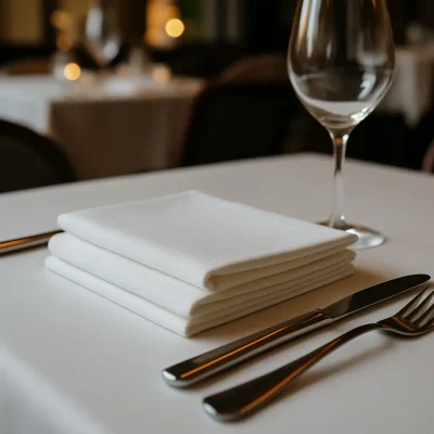 Een wit linnen servet ligt keurig gevouwen op een horecatafel naast glanzend bestek en een wijnglas in sfeervol restaurantlicht