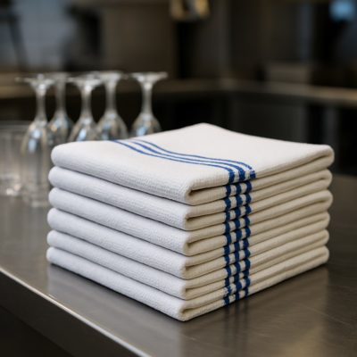Stapel professionele Horeca theedoeken met blauwe strepen op roestvrijstalen werkbank