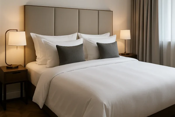 Modern boutique hotelbed met wit bedlinnen, opgemaakt met sierkussens en plaid in een sfeervolle kamer
