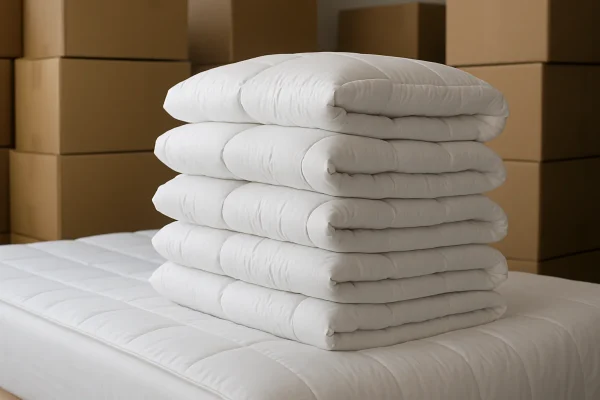 Zes witte dekbedden opgestapeld op een matras in een groothandelsruimte met kartonnen dozen op de achtergrond