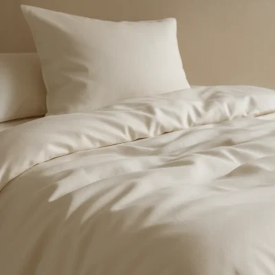 Luxueus opgemaakt bed met wit Egyptisch katoenen dekbedovertrek en sierkussens in een elegante slaapkamer