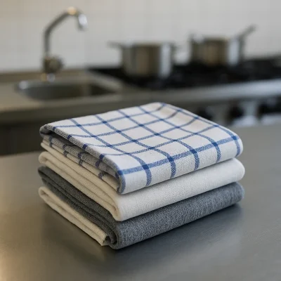 Drie opgevouwen horeca theedoeken op een RVS werkblad in een professionele keuken