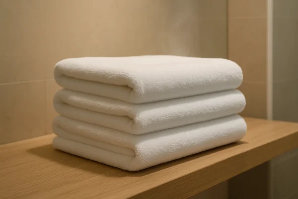 Stapel zachte hotelhanddoeken, strak opgevouwen op houten plank