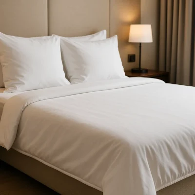 Hotelbed met strak opgemaakt wit hoeslaken en zachte kussens, sfeervol verlicht
