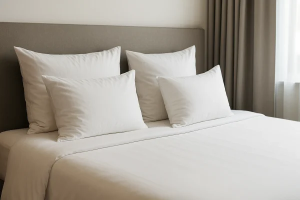 Hotelbed met diverse witte kussens in verschillende hoogtes en materialen, strak opgemaakt in een moderne kamer