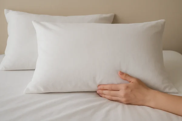 Twee witte kussens met katoenen slopen op een strak opgemaakt bed in lichte slaapkamer