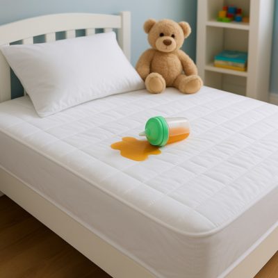 Een kinderbed met een waterdichte matrasbeschermer, een omgevallen drinkbeker en een teddybeer op de achtergrond