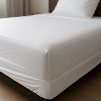 Net opgemaakt bed met strak wit hotel hoeslaken in een lichte, minimalistische kamer