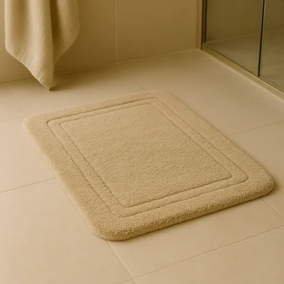 Beige badmat op een lichte tegelvloer in een moderne badkamer, naast een glazen douchewand.