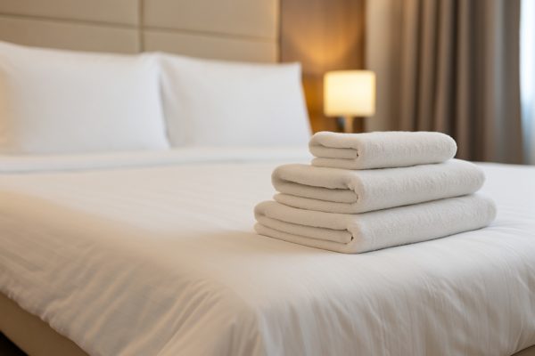Hotelkamer met strak opgemaakt bed en fris wit dekbed, symbool voor dekbed groothandel en linnenverhuur