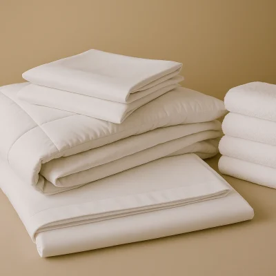 Netjes opgevouwen witte dekbedden, lakens en handdoeken op een beige ondergrond, klaar voor levering of linnenverhuur.