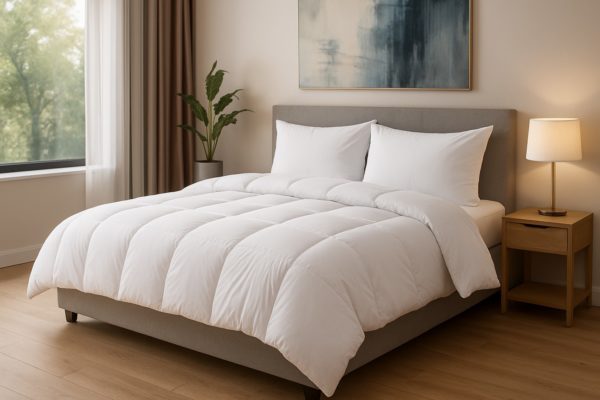 Hotelkamer met strak opgemaakt bed en luxe dekbed symbool voor kwaliteit en comfort via een betrouwbare dekbed groothandel.