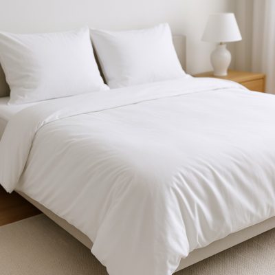 Strak opgemaakt hotelbed met wit Egyptisch katoen dekbedovertrek dat luxe en comfort uitstraalt