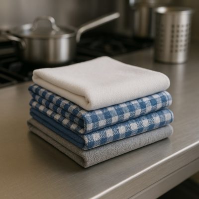 Neatly folded horeca theedoeken in katoen en linnen voor professioneel keuken gebruik