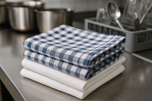 Neatly folded stack van horeca theedoeken geschikt voor professioneel gebruik in restaurants en hotels.