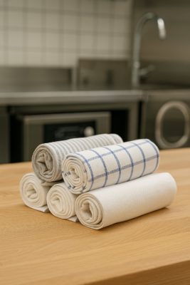 Net opgerolde horeca theedoeken in verschillende patronen op een houten werkblad