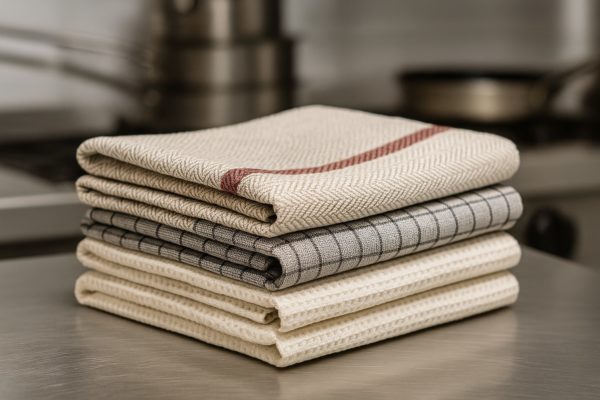 Neatly folded horeca theedoeken in wit katoen, geschikt voor intensief gebruik in professionele keukens.