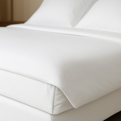 Hotel dekbedovertrek van hoogwaardig wit katoen, strak opgemaakt bed met frisse uitstraling