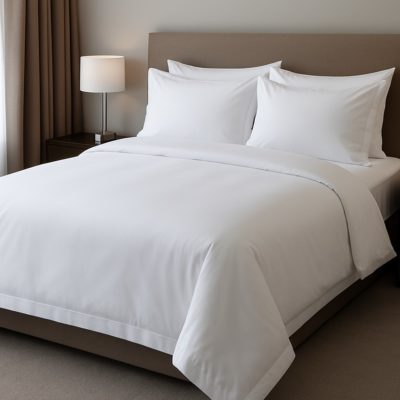 Netjes opgemaakt hotelbed met fris wit dekbedovertrek voor een luxe en hygiënische uitstraling