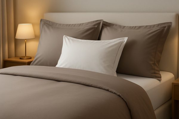 Net opgemaakt hotelbed met luxe taupekleurig dekbedovertrek en bijpassende kussens
