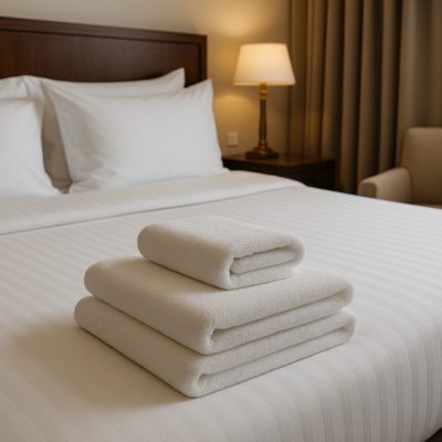 Netjes opgemaakt hotelbed met fris wit linnen dat luxe en comfort uitstraalt