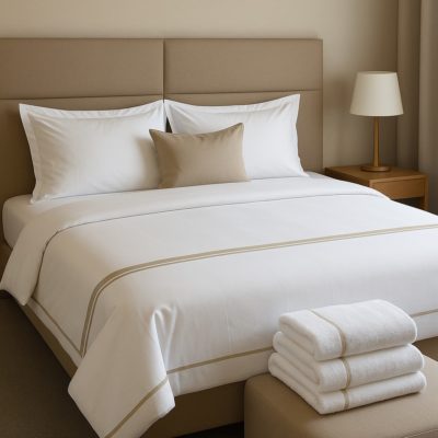 Hotelbed met witte dekbedset en beige bies; kussens en verlichting in matching tinten, merkconsistente uitstraling.