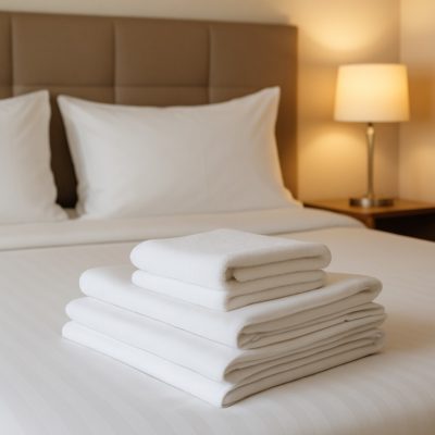 Neatly made hotel bed with crisp white hotel linen, emphasizing luxury, quality and durability.