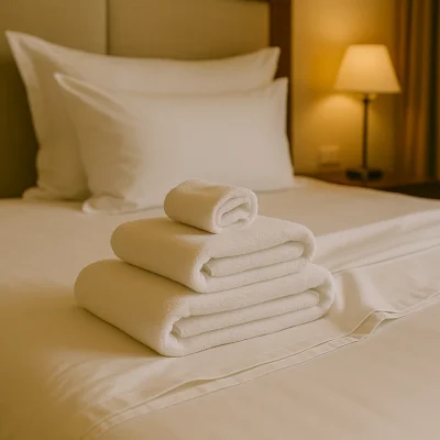 Stapel witte handdoeken op een net opgemaakt hotelbed.
