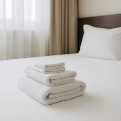 Neatly made hotel bed with crisp white linens and pillows, symbolizing freshness, comfort, and hygiene.