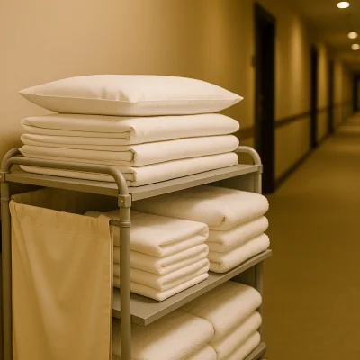 Housekeeping kar gevuld met kussens, hoeslakens en handdoeken in een hotelgang.