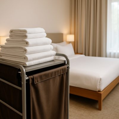 Housekeeping medewerker plaatst frisse witte handdoeken op een hotelbed symbool voor linnenverhuur en constante kwaliteit.