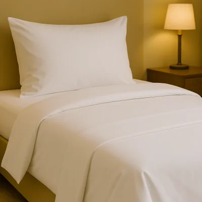 Netjes opgemaakt hotelbed met wit beddengoed en kussen tegen een beige hoofdbord, naast een nachtkastje met lamp.