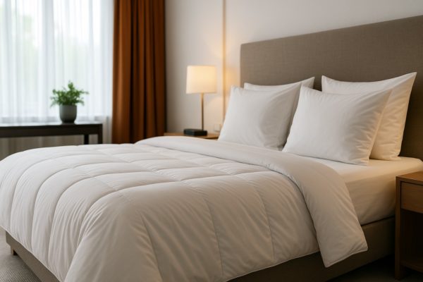 Netjes opgemaakt hotelbed met wit linnen in een moderne hotelkamer