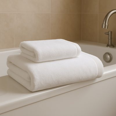 Neatly gevouwen witte badlinnen op een bed, klaar voor gebruik in een frisse en hygiënische kamer.