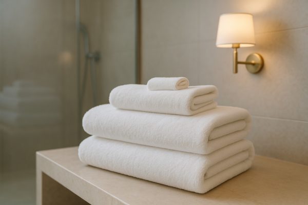 Gestapelde witte hotelhanddoeken op beige marmer in luxe badkamer met messing wandlamp.