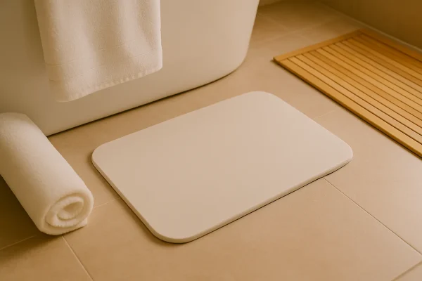 Minimalistische badkamer met sneldrogende badmat op tegelvloer.