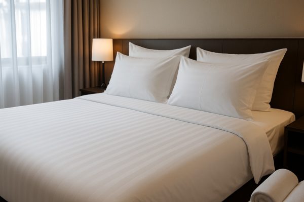 Netjes opgemaakt hotelbed met wit bedlinnen dat fris en luxe oogt.