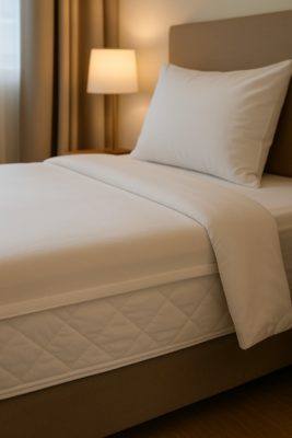Net opgemaakt hotelbed met wit bedlinnen en molton matrasbeschermer