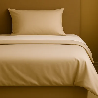 Net opgemaakt bed met beige bedlinnen en kussen.