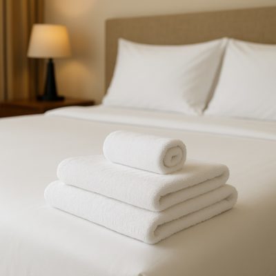 Stapels witte hotel handdoeken netjes gevouwen voor een luxe en hygiënische uitstraling