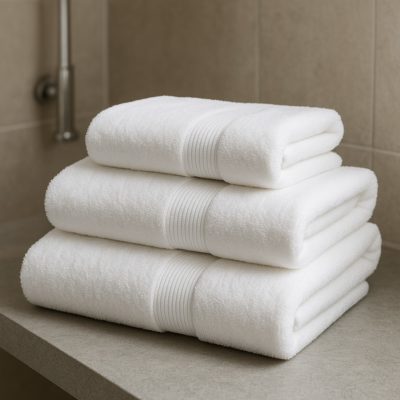 Neatly opgevouwen hotel handdoeken in wit, luxe en absorberend textiel