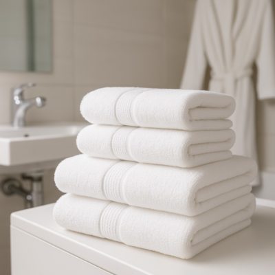 Stapels frisse witte hotel handdoeken, dik en pluizig, netjes gevouwen in een moderne badkamer