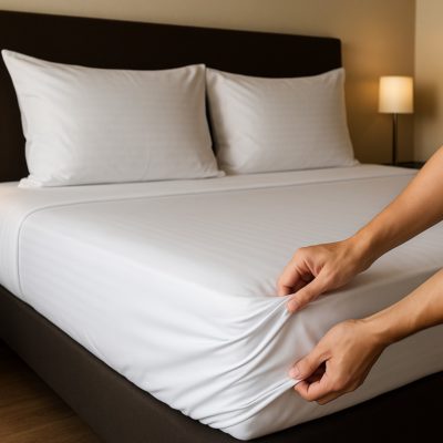 Strak opgemaakt hotelbed met wit hoeslaken dat perfect om het matras aansluit