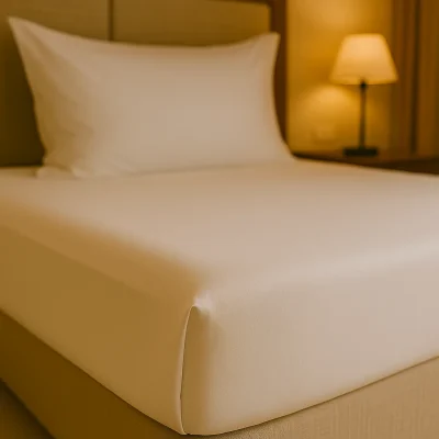 Strak opgemaakt hotelbed met hoeslaken van Egyptisch katoen.